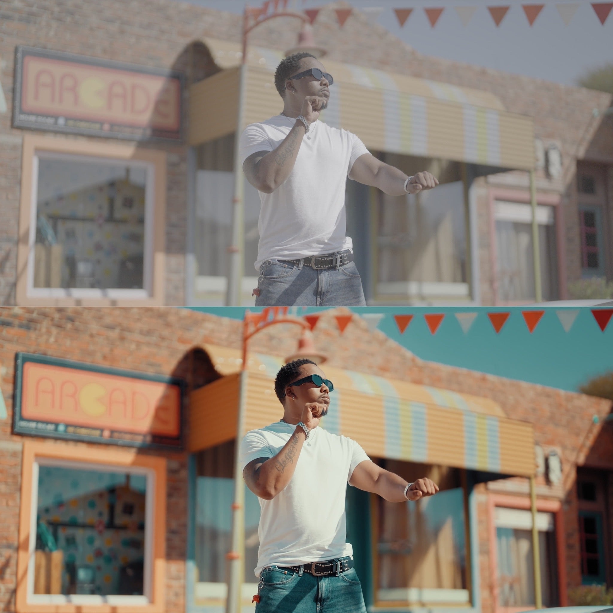 Before and after comparison showing color grading transformation using The Goat LUT cinematic LUT preset