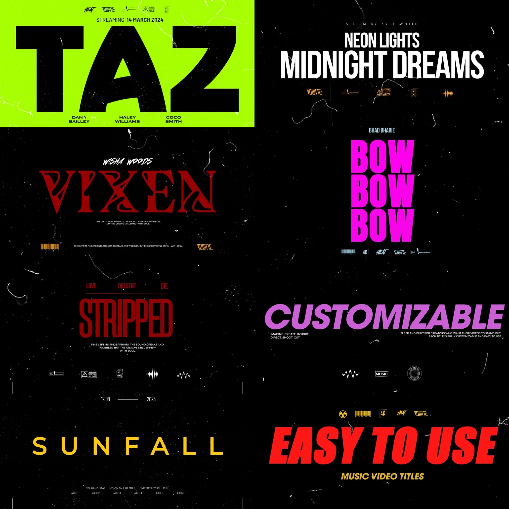 Examples of Epic Titles pack showing various animated title designs and text effects in use